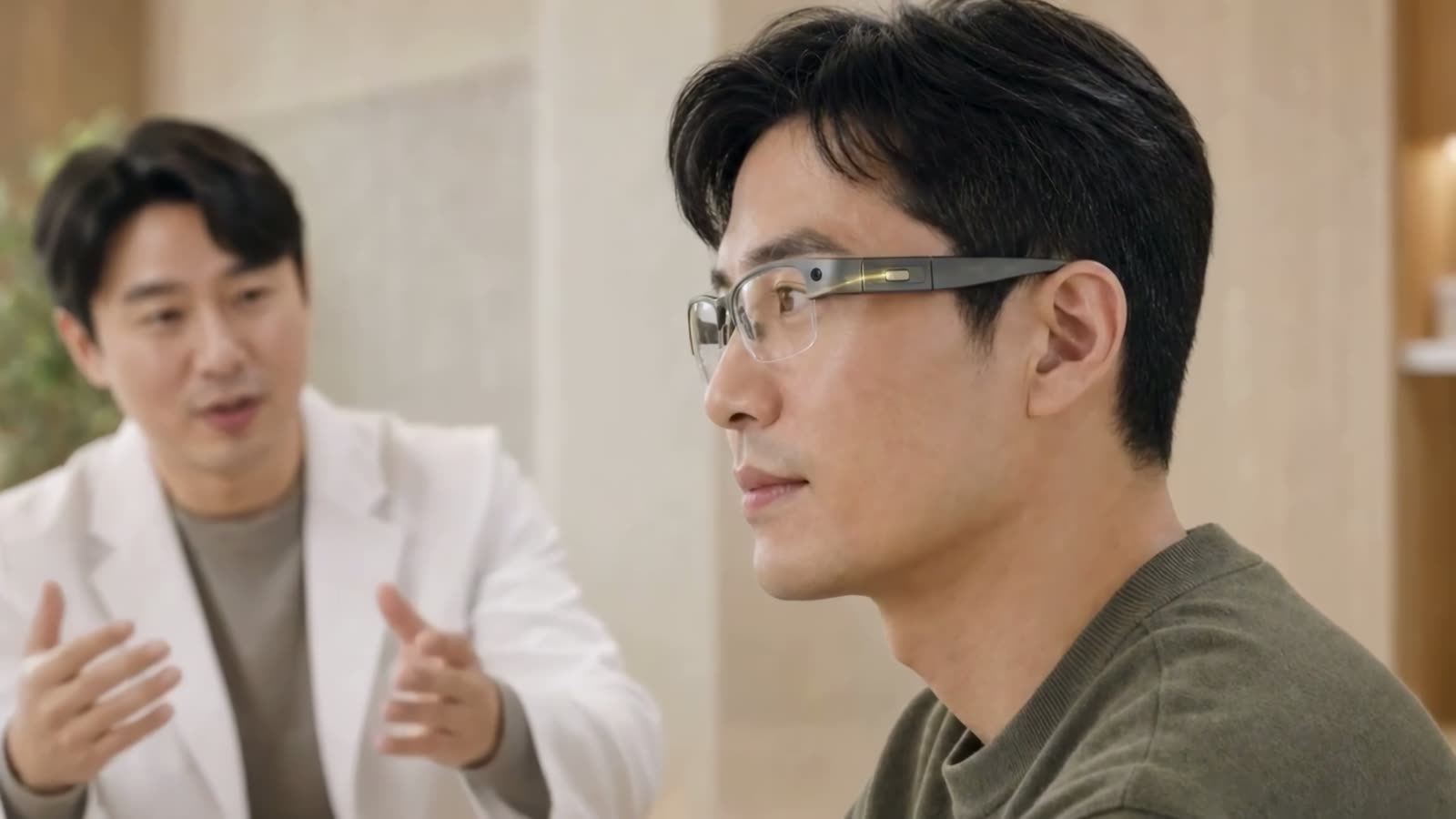 진료실에서 의사의 설명을 이어봄 글라스를 쓴 사람이 듣고 있다